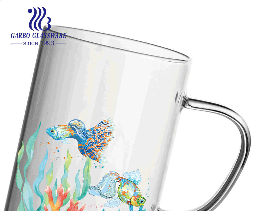 455ml China Top Brand Creative Ocean Decal Design Pyrex Glass Coffee Mug with Handle Hot Selling in Europe
