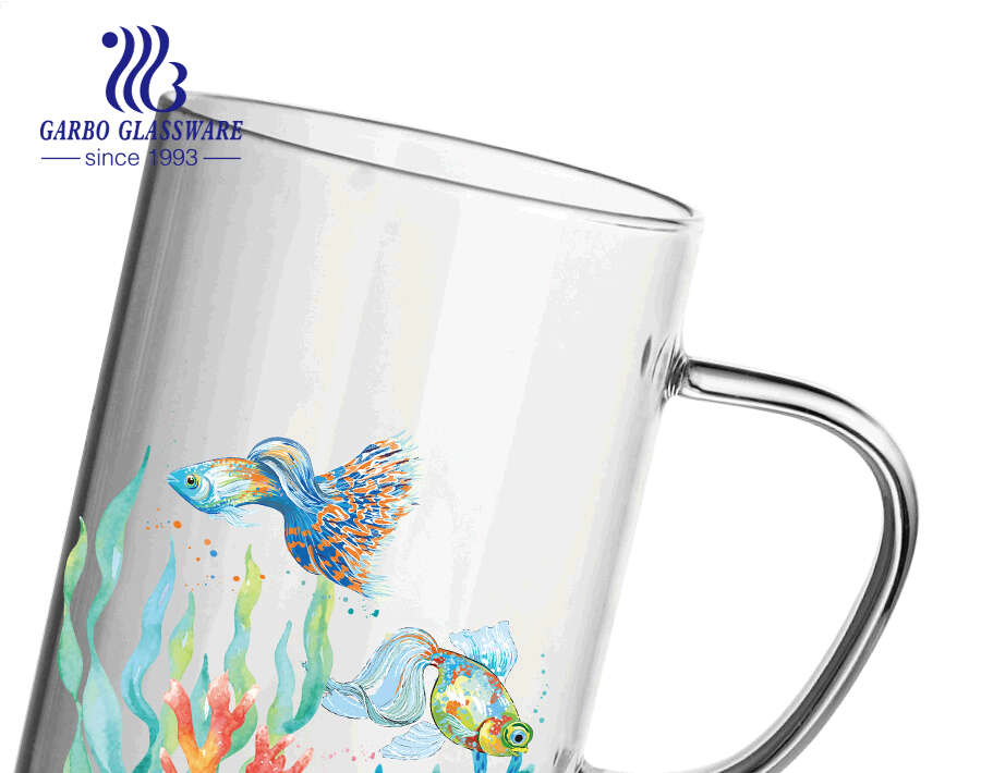 455 ml China Top Brand Creative Ocean Decal Design Pyrexglas Kaffeetasse mit Griff Heißer Verkauf in Europa