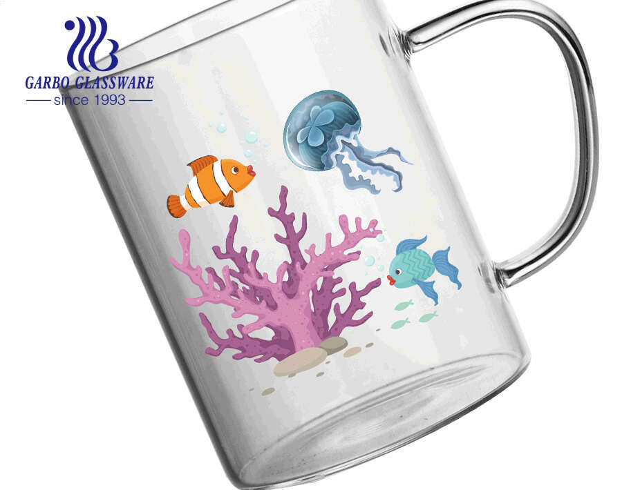 455ml China Top Brand Creative Ocean Decal Design Pyrex Glass Coffee Mug with Handle Hot Selling in Europe