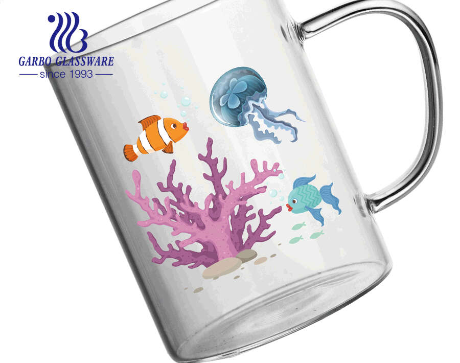 455ml Chine Top Marque Creative Ocean Decal Design Tasse à café en verre Pyrex avec poignée Vente chaude en Europe