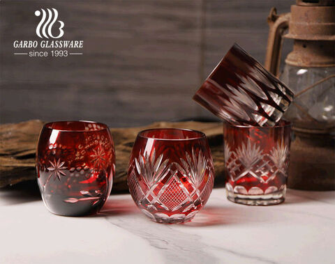 Luxury Nice Red Coating Mouthblown Embossed Whisky Glass Cup for Bar Restaurant with Small MOQ