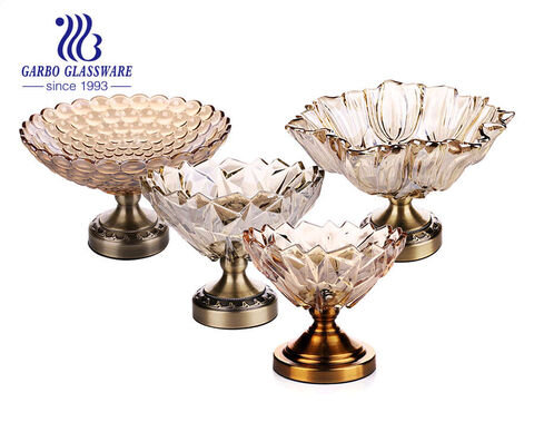 14inches hot sale Ion plating golden color glass fruit bowl plates with standing