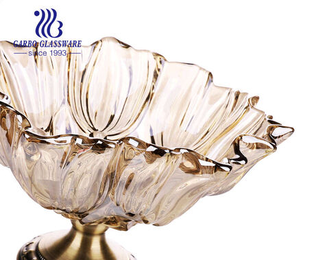 14inches hot sale Ion plating golden color glass fruit bowl plates with standing