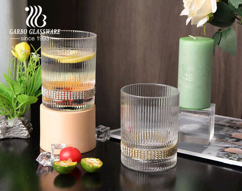 Handmade high-quality glass water drinking cup with engraved strip design diamond decal for home bar use 