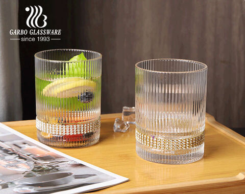 Handmade high-quality glass water drinking cup with engraved strip design diamond decal for home bar use 