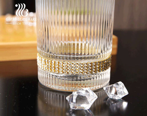 Handmade high-quality glass water drinking cup with engraved strip design diamond decal for home bar use 