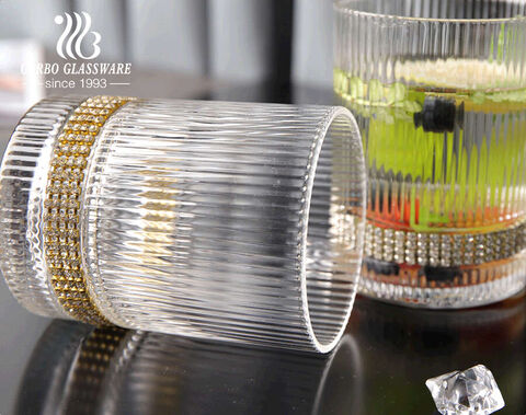 Handmade high-quality glass water drinking cup with engraved strip design diamond decal for home bar use 