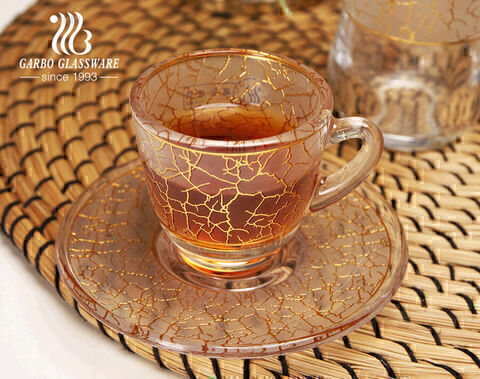 Royal style luxurious glass mug for Turkish tea coffee with customized decal design golden rim  saucer set