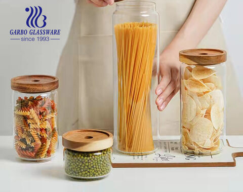 Heat resistant glass food storage container with wooden lid spaghetti container 