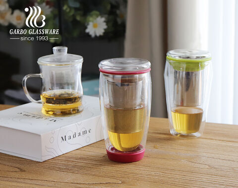 Taza para beber té de vidrio de doble pared hecha a mano de gran capacidad resistente al calor de 450ML con infusor de acero inoxidable tapa de vidrio circular de silicona