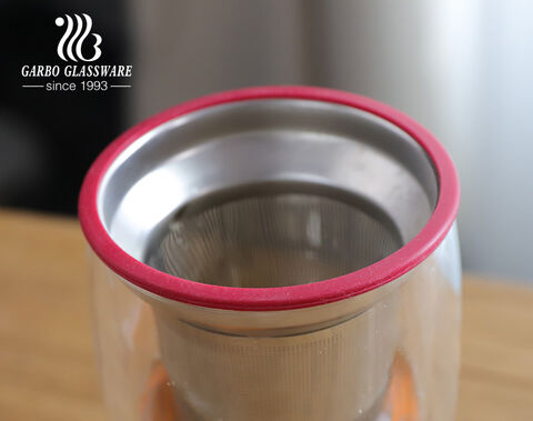 Taza para beber té de vidrio de doble pared hecha a mano de gran capacidad resistente al calor de 450ML con infusor de acero inoxidable tapa de vidrio circular de silicona