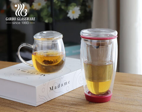 Taza para beber té de vidrio de doble pared hecha a mano de gran capacidad resistente al calor de 450ML con infusor de acero inoxidable tapa de vidrio circular de silicona