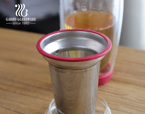 Taza para beber té de vidrio de doble pared hecha a mano de gran capacidad resistente al calor de 450ML con infusor de acero inoxidable tapa de vidrio circular de silicona