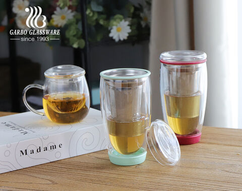 Handmade heat-resistant transparent double-wall customized glass tea coffee mug with infuser for home office use