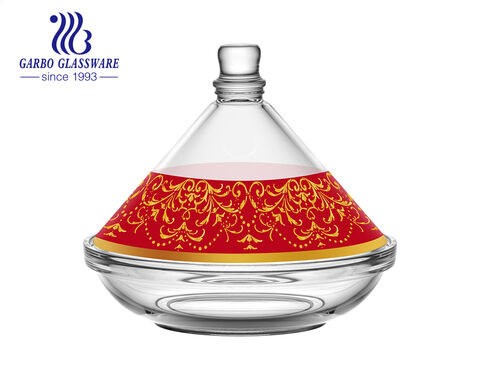 Arabische Märkte heißer Verkauf Glaswaren Tajine Glas Bonbonglas mit Abziehbilddruck