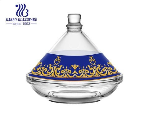 Gran oferta de cristalería de mercados árabes, tarro de cristal Tajine para dulces con impresión de calcomanías