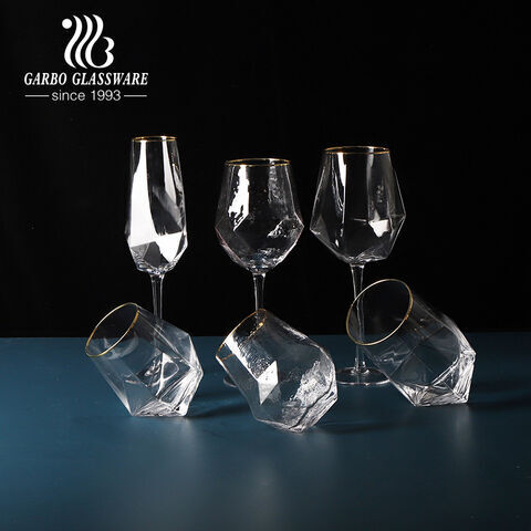 Long Stem 20oz  Handmade Gold Rim Wine Glass with Hammer Octagon Design for Wholesale