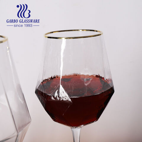 Long Stem 20oz  Handmade Gold Rim Wine Glass with Hammer Octagon Design for Wholesale