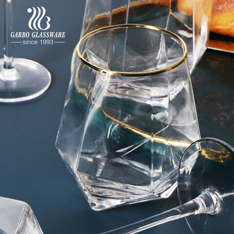 Verre à whisky en verre à vin sans pied en diamant de 720 ml avec bordure en or