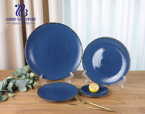 New Fashion 8 inch Dark Blue Solid Color Glass Serving Plate with Gold Rim for Home Use