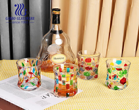 Woven cloud leaf painting designs embossed whisky glass tumblers combo set