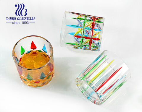 Vintage style rhombus diamond and stripe sword embossing whisky glass cups with colors hand painting