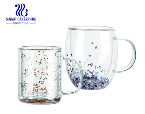 Creative insulated double wall glass coffee mug with floating glitter sparkles confetti