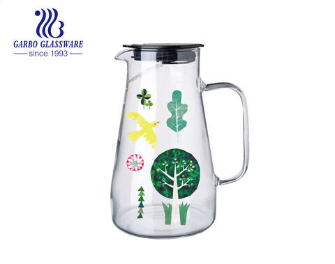 Tailles régulières 1L 1.5L 2L 3L pichets en verre borosilicaté résistant à la chaleur avec impression de plantes