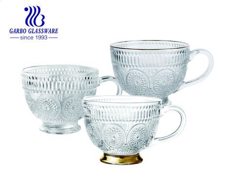 Tasses en verre en relief de tournesol vintage classique eau café boire tasse en verre de café de jante d'or