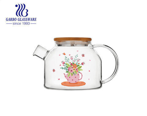 Normale Größen 1L 2L 3L Teekanne aus hitzebeständigem Glas mit hohem Borosilikatgehalt und schönen Cartoon-Drucken