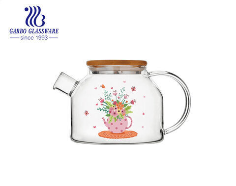 Tailles régulières 1L 2L 3L théière en verre résistant à la chaleur à haute teneur en borosilicate avec de belles impressions de dessins animés