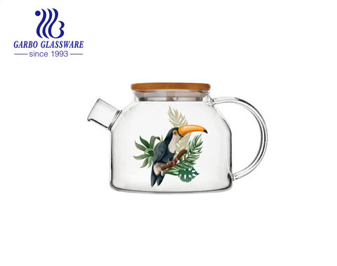 Tailles régulières 1L 2L 3L théière en verre résistant à la chaleur à haute teneur en borosilicate avec de belles impressions de dessins animés