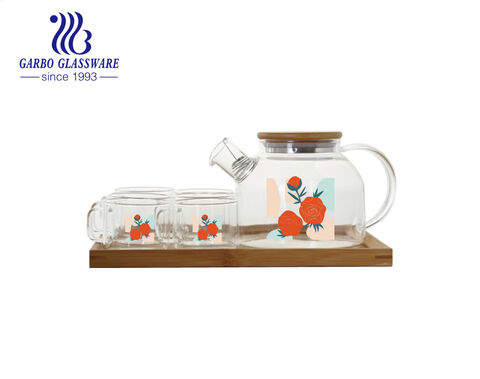 Custom printing borosilicate glass teapot and tea mugs set with optional wooden or bamboo tray 