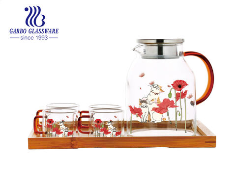 Custom printing borosilicate glass teapot and tea mugs set with optional wooden or bamboo tray 