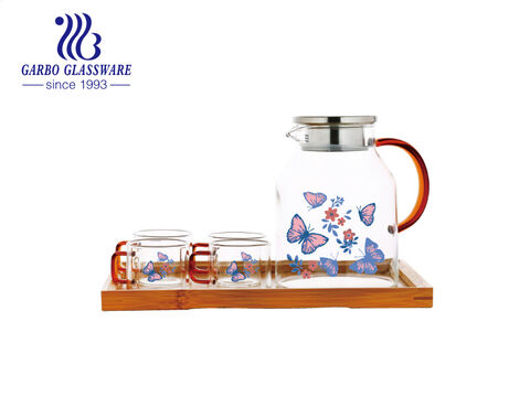 Custom printing borosilicate glass teapot and tea mugs set with optional wooden or bamboo tray 