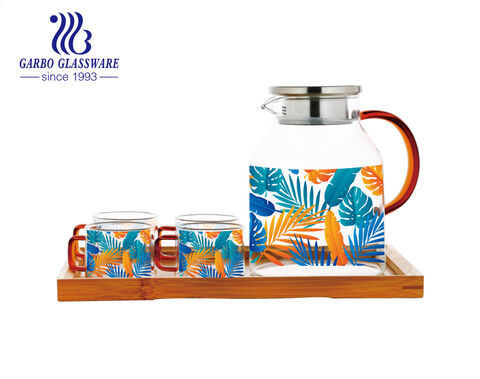 Custom printing borosilicate glass teapot and tea mugs set with optional wooden or bamboo tray 