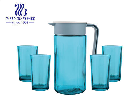 Classic Durable Glass Water Pitcher Set with 4 pcs Highball Glass Tumbler in Sprayed Blue Color