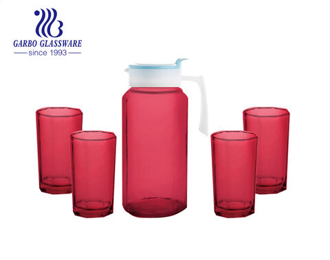 Classic Durable Glass Water Pitcher Set with 4 pcs Highball Glass Tumbler in Sprayed Blue Color