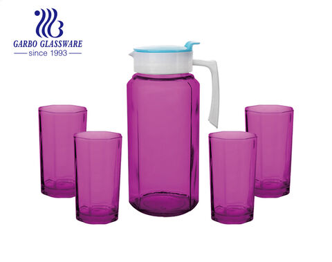 Classic Durable Glass Water Pitcher Set with 4 pcs Highball Glass Tumbler in Sprayed Blue Color