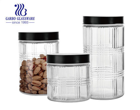 Machine-made cheap embossed storage jar for foods with engraved stain pattern for home kitchen use
