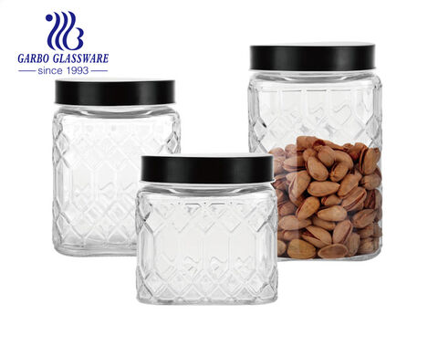Machine-made cheap embossed storage jar for foods with engraved stain pattern for home kitchen use