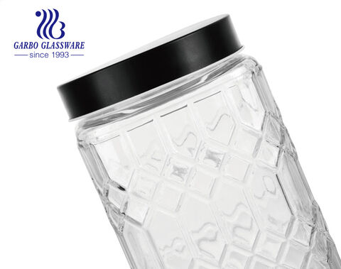 Machine-made cheap embossed storage jar for foods with engraved stain pattern for home kitchen use