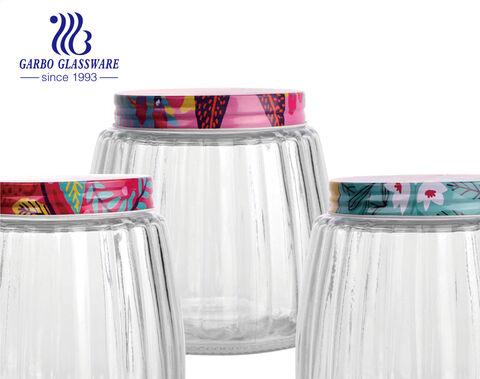 950 ml maschinell hergestelltes, billiges, geprägtes, rundes Vorratsglas aus Glas mit graviertem Muster, individuellem Druck, Metalldeckel für die Verwendung in der Küche
