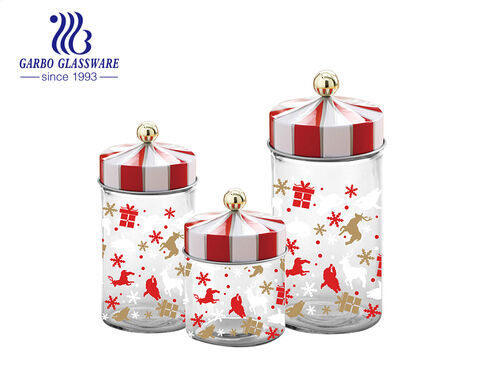 Set di barattoli in vetro con stampa a tema natalizio con dimensioni opzionali e coperchio in plastica