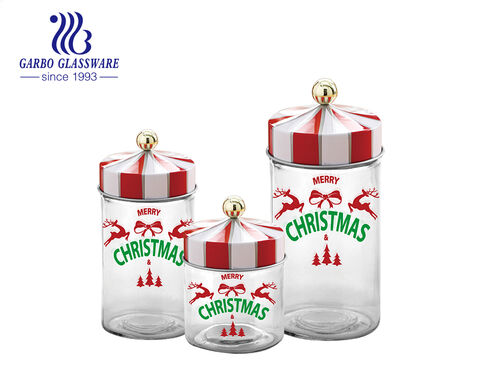 オプションのサイズとプラスチック製の蓋がセットされたクリスマステーマの印刷ガラスキャニスタージャー