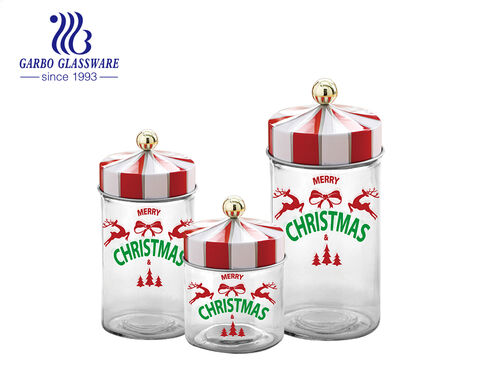 Christmas theme printing glass canisters jars set with optional sizes and plastic lid