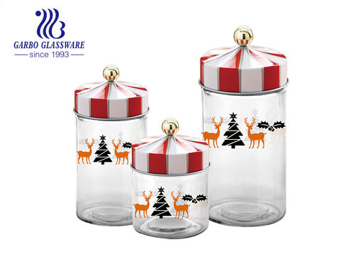 Christmas theme printing glass canisters jars set with optional sizes and plastic lid