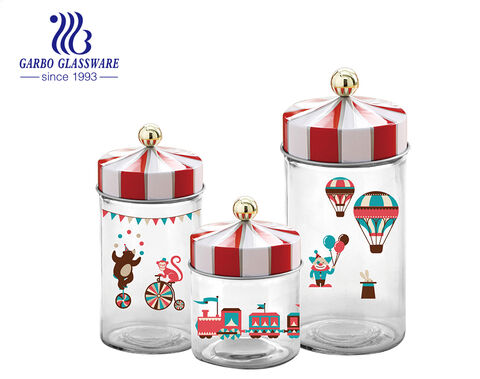 Christmas theme printing glass canisters jars set with optional sizes and plastic lid