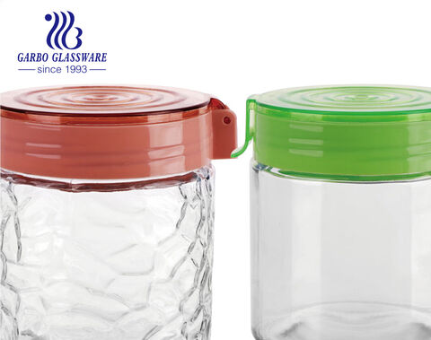 Machine-made 900ml glass cookie peanut storage jar with customized design colored leak-proof plastic lid