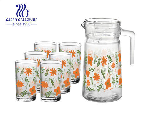 7-teiliges Set 1-Liter-Glaskrug-Set mit 200-ml-Glasbecher mit Blumenaufkleber